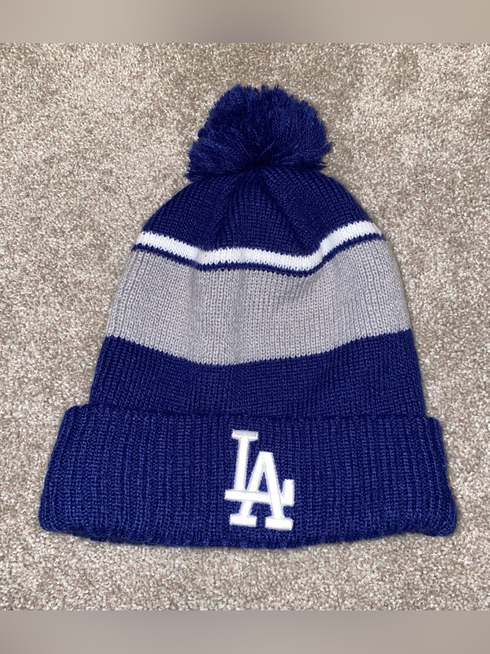 New Era Los Angeles Dodgers Stripe Cuffed Pom Knit Beanie Blue Gray Adult One Sz